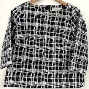 Helene Berman London Black White Pattern Boatneck 3/4 Sleeve Top